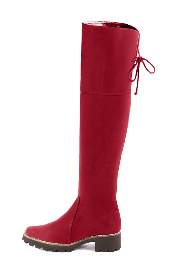 Cardinal red women's leather thigh-high boots. Round toe. Low rubber soles. Made to measure. Profile view - Florence KOOIJMAN